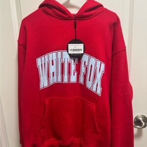 White Fox Boutique Red Hoodie with light blue Logo